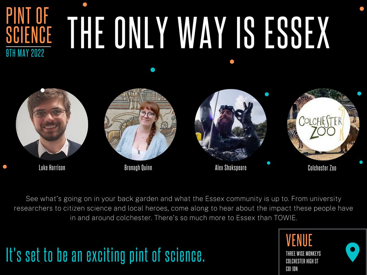 How can we use #Colchester's past to help understand our #future? Find out at the Three Wise Monkey's on May 9th at our <a href="/pintofscience/">Pint of Science UK</a> TOWIE evening with <a href="/AlexShaks/">Alex Shakspeare</a> <a href="/CATRomanCircus/">RomanCircus</a>, Luke Harrison and <a href="/ColchesterZoo/">Colchester Zoo</a>

TICKETS: pintofscience.co.uk/events/colches…