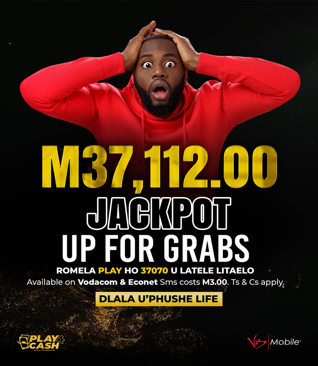ViBMobileLs's tweet photo. 🤩🤑 M37 112 JACKPOT available NOW!🤑🤩

Be the first Play4Cash 💰 JACKPOT 💰winner. Play the game &amp; you could win BIG!

#play4cash #dlalauphushelife https://t.co/plc92tg0O7