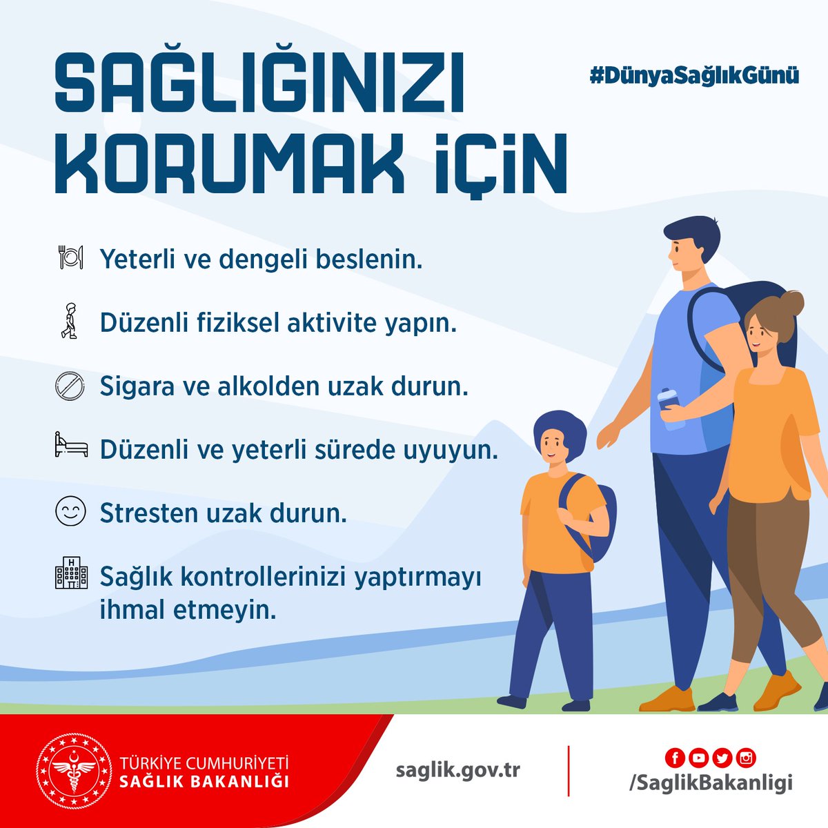 saglikbakanligi's tweet photo. Sağlığınızı korumak için
- Yeterli ve dengeli beslenin.
- Düzenli fiziksel aktivite yapın.
- Sigara ve alkolden uzak durun.
- Düzenli ve yeterli sürede uyuyun.
- Stresten uzak durun.
- Sağlık kontrollerinizi yaptırmayı ihmal etmeyin.
#DünyaSağlıkGünü https://t.co/UnRZ3kdYEb