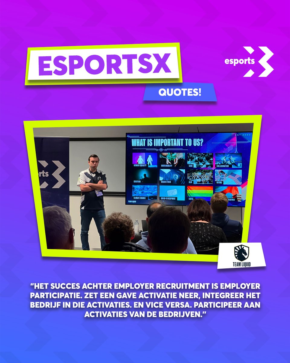 🗣️ <a href="/wICK3Y/">LIQUID | Jason Lucas Luijckx</a> (Jason Lucas Luijckx, <a href="/TeamLiquid/">Team Liquid</a>): "Het succes achter employer recruitment is employer participatie. Zet een gave activatie neer, integreer het bedrijf in die activaties. En vice versa. Participeer aan activaties van de bedrijven."

#EsportsX #TeamLiquid