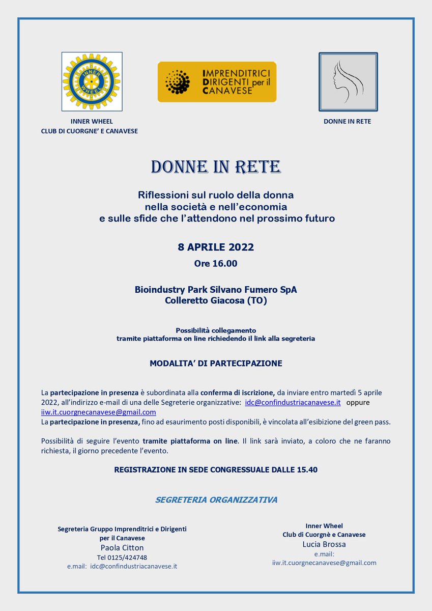 BioindustryPark's tweet photo. #08aprile #BioindustryPark ospiterà il convegno DONNE IN RETE organizzato #InnerWheelClub di Cuorgnè e Canavese e #GruppoIDC per riflettere sul ruolo della donna e sulle sfide future.
#donneneicda #imprenditrici #womenempowerment #womenintech #donneinrete #Confindustriacanavese https://t.co/1aFB8f8gCr