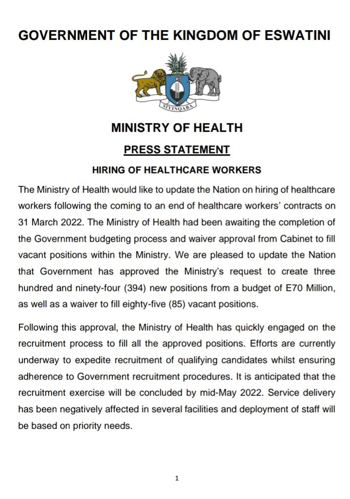 EswatiniGovern1's tweet photo. Ministerial Statement: The Ministry of Health announces that Government has approved the creation of 394 new healthcare positions as well as a waiver to fill 85 vacant positions in order to improve the efficiency of public healthcare facilities across the country. https://t.co/R6yI8FrqAd