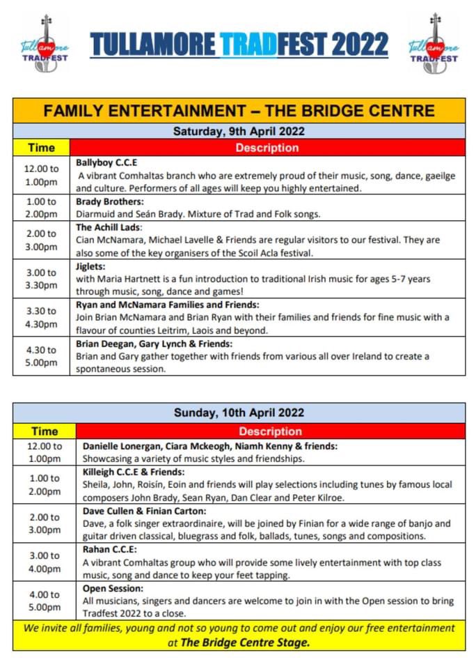 Tullamore TradFest (@tmoretradfest) on Twitter photo 🎶 MORE Free Family Entertainment! 🎶
One of the highlights of our 2019 festival was all the fun in the Bridge Shopping Centre and it's BACK for 2022! See full line up below! 👇🏻<a href="/visitoffaly/">Offaly Tourism</a> 🎶 MORE Free Family Entertainment! 🎶
One of the highlights of our 2019 festival was all the fun in the Bridge Shopping Centre and it's BACK for 2022! See full line up below! 👇🏻<a href="/visitoffaly/">Offaly Tourism</a>