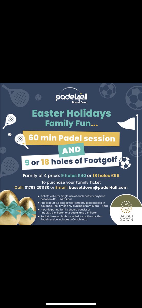 MarlbSports's tweet photo. Looking for something to do with the family over the Easter Holidays? The new @padel4all at Basset Down has a great offer on including Padel &amp; Footgolf! https://t.co/9Sa9CxTGYG