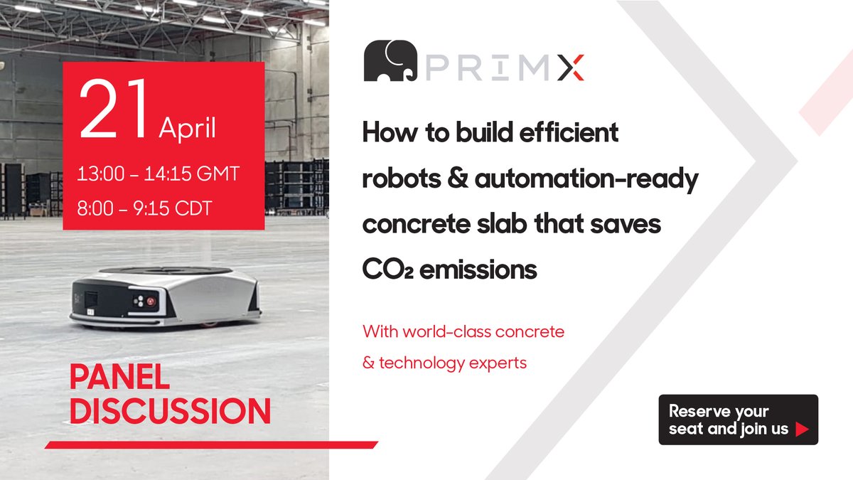 PrimekssGroup's tweet photo. Join us in a panel discussion with concrete technology and warehousing robotics &amp; automation experts.

Please register here: https://t.co/yRIvJpGOrX

#concrete #robotics #technology #warehousing https://t.co/R3bcDxspM4
