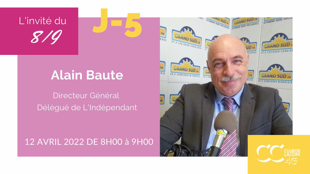 [ L'invité du 8/9 ] Plus que quelques place ! 
Les membres de la commission Relations Médias invitent ses adhérents à échanger avec <a href="/AlainBaute/">Alain Baute</a>, sur les approches originales du journal  <a href="/lindependant/">L'Indépendant</a> et de sa Radio Indep. 

Prenez vos places 👉 bit.ly/382plpE