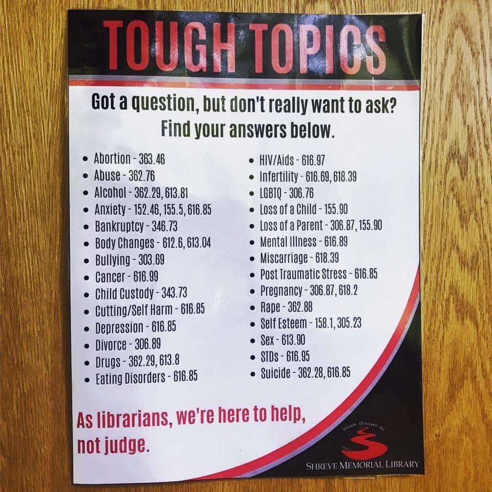 Tough Topics.
This poster is inspirational, self help to the bamboozling Dewey system for those who might not want to ask yet are in real need of support
#LoveLibraries #libraries
#toughtopics #librariesforlife