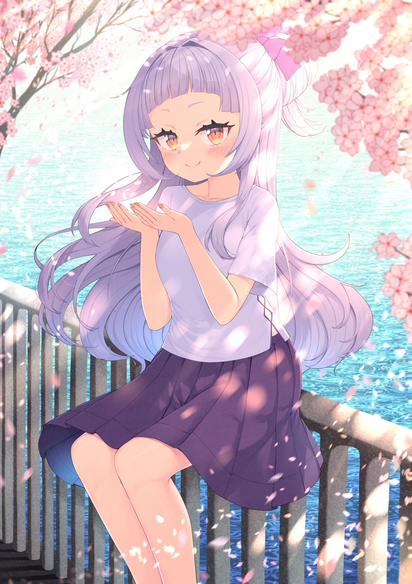 murasaki shion 1girl solo long hair skirt cherry blossoms shirt smile  illustration images