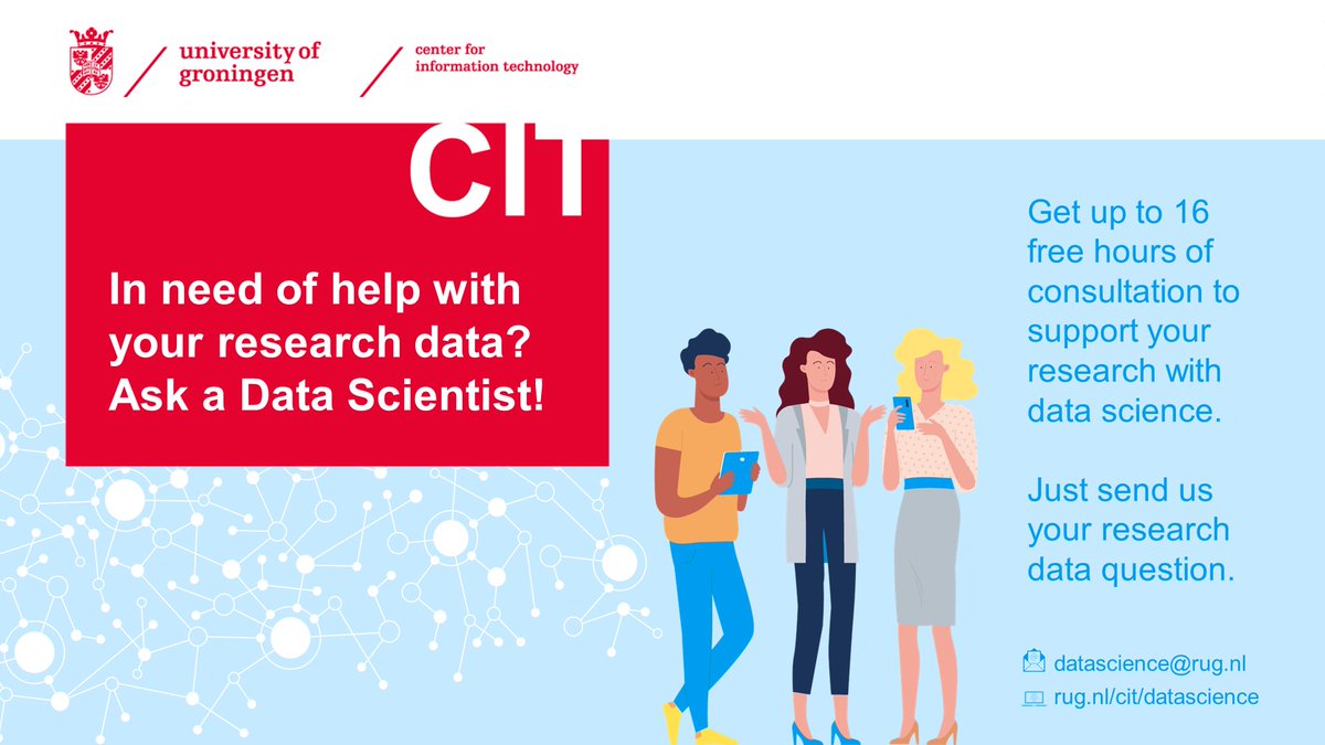 CIT_RUG's tweet photo. In need of help with your research data? Visit our "Ask a Data Scientist" consultation hours!

As a researcher of the @univgroningen you can now request up to 16 free hours of consultation to support your research with data science.

More info: https://t.co/0jsOQ2FARQ https://t.co/1BqKGOLfLr