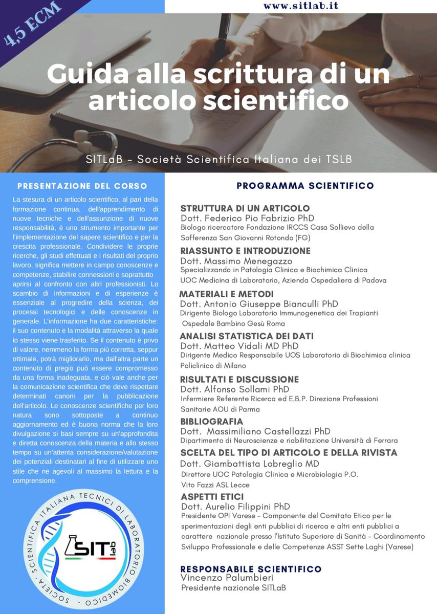 FPFabrizioPhD's tweet photo. Davvero onorato di aver contributo alla realizzazione del corso FAD "Guida alla scrittura di un articolo scientifico" con una relazione sulla struttura di un articolo. Ringrazio per l'invito la Società Scientifica Italiana dei #TSLB. È stata una gran bella esperienza! https://t.co/qfh2xteOGy