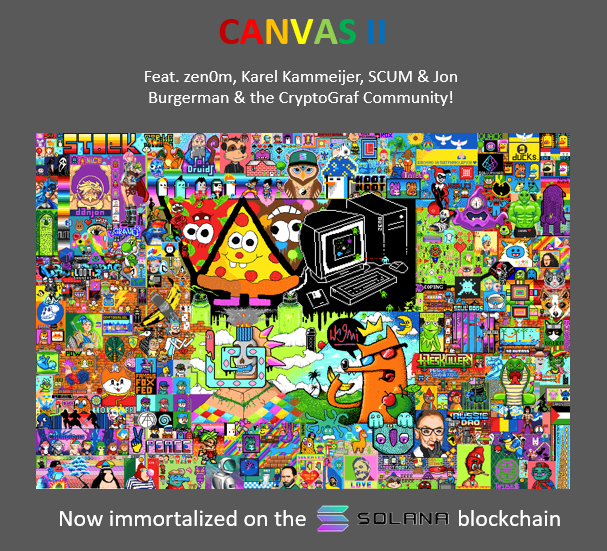 CryptoGraf_Art's tweet photo. CANVAS II has now been NFT'ed :)

Featuring original work by 1/1 artists @zen0m @KDKammeijer @SCUMSOL @jonburgerman &amp; the CryptoGraf community!

We have fractionalized it with @fraktion_art to be dropped on holders. Stay tuned for details! #solana #solananfts #pixelart #art 🧵👇 https://t.co/mkDYr1ErN7