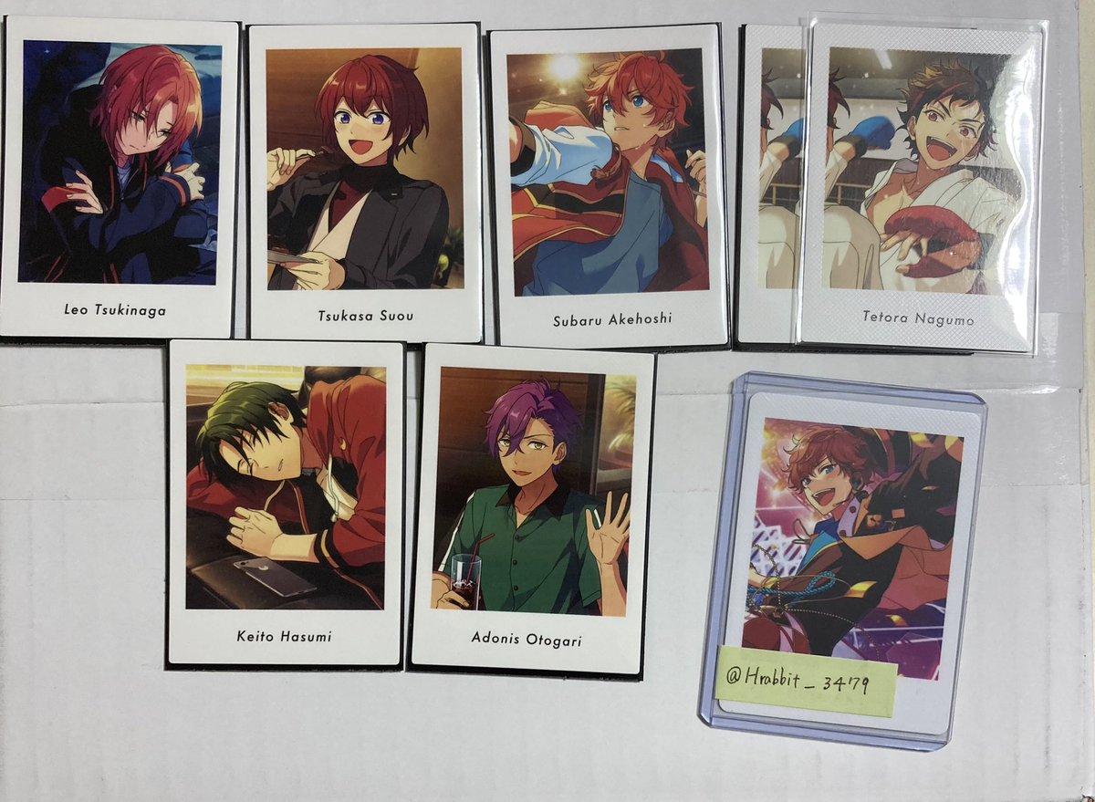 【交換】あんスタ ぱしゃっつ vol1 Active  Private 6周年
譲▶︎(6周年)☆零、☆ニキ、真緒、スバルこはく、鉄虎、マヨイ、藍良、司、桃李、HiMERU、ひなた、つむぎ
(A)☆凛月、司、凪砂、紅郎、渉、鉄虎忍、つむぎ
(P)☆レオ、司、スバル、鉄虎、敬人、アドニス