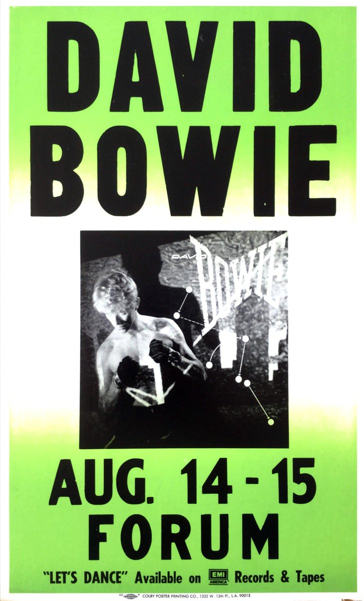 recordmecca's tweet photo. DAVID BOWIE POSTER A scarce cardboard boxing-style concert poster advertising David Bowie's August 1983 shows at the Los Angeles Forum, during his “Let’s Dance” tour. #recordmecca #davidbowie #bowie #colbyposter #vintageposter

https://t.co/h8Fn8TzpRu https://t.co/GDIAjciKmN