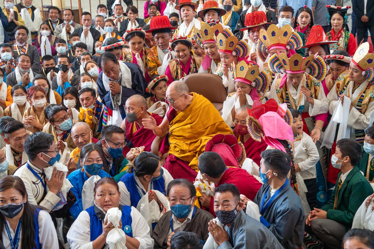 DalaiLama's tweet photo. HHDL taking part in a group photo with participants of the 25th Shoton Festival and Middle Way Approach Conference at the conclusion of their meeting in the courtyard of the Main Tibetan Temple in Dharamsala, HP, India on April 7, 2022. Photo by Tenzin Choejor https://t.co/UJeoJMkGKg