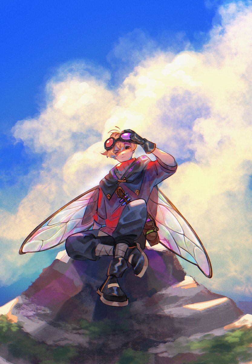 goggles goggles on head 1boy wings male focus gloves solo  illustration images