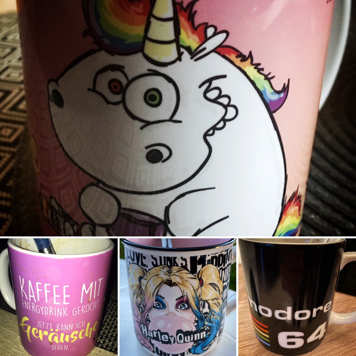 #ZeigtHerEureLieblingsTassen

Meine liebste Lieblingstasse ist natürlich das Pummeleinhorn.
Aber da ich beim Mann ja auch meinen Kaffee woraus trinken muss, hab ich gleich mal seine Commodore Tasse adoptiert. Als klar war, ich trink da öfter Kaffee, zog noch Harley ein.