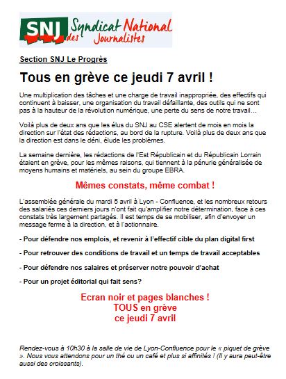 Vincent Lanier (@vinclanier) on Twitter photo Le site du journal <a href="/Le_Progres/">Le Progrès</a> aujourd'hui et nos éditions papier de demain ne présenteront pas leur physionomie habituelle en raison d'une grève des journalistes. De nos conditions de travail dépend la qualité de l'information que nous devons à nos lecteurs
#jesuisengreve Le site du journal <a href="/Le_Progres/">Le Progrès</a> aujourd'hui et nos éditions papier de demain ne présenteront pas leur physionomie habituelle en raison d'une grève des journalistes. De nos conditions de travail dépend la qualité de l'information que nous devons à nos lecteurs
#jesuisengreve