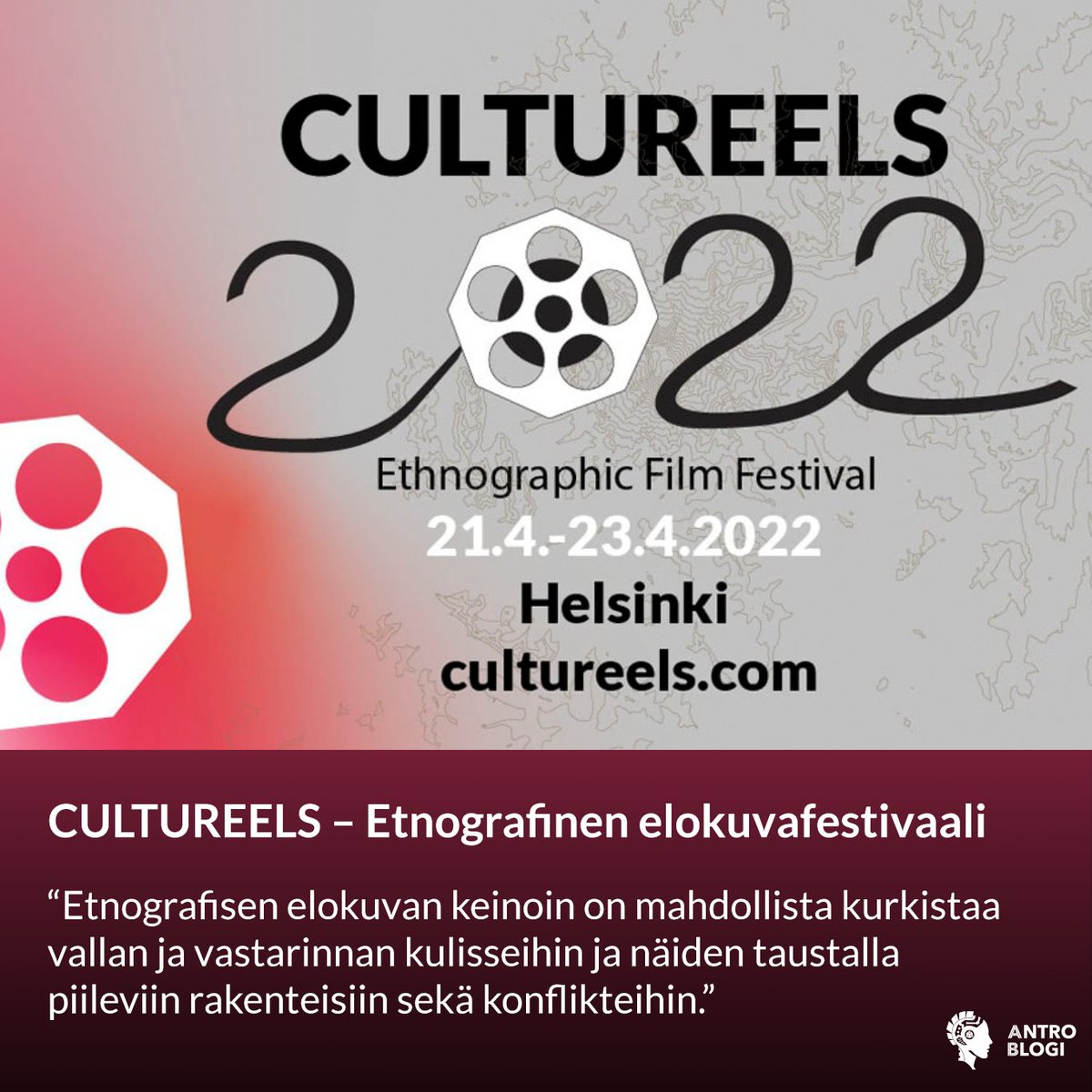 antroblogi's tweet photo. Varma kevään merkki on jo kolmatta kertaa järjestettävä Cultureels-elokuvafestivaali.

Kolmepäiväisen festivaalin aikana nähdään 15 huolella
valittua etnografista dokumenttielokuvaa.

Lisätiedot ja tärpit: https://t.co/eZMIk0uLFX

#menovinkki #tapahtuma #dokumenttielokuva https://t.co/a6cbvRbDbP