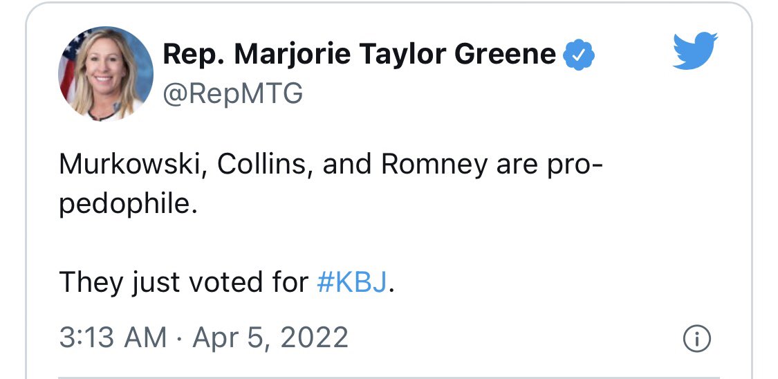lifesafeast's tweet photo. @RepMTG @ABC @jimmykimmel @CapitolPolice I hope @lisamurkowski @SenatorCollins @SenatorRomney filed police reports against your threat of violence and defamation. 

You are a vile human being who should be banned from Congress and banned from @Twitter https://t.co/AjFJT3hcqR