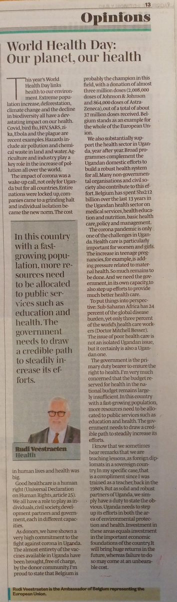 BelgiumInUganda's tweet photo. ๐ "Our planet, our health" is the theme of #WorldHealthDay 2022.
To mark this important day, our Ambassador Rudi Veestraeten, representing the European Union, penned an Op-Ed as published in today's @DailyMonitor and @newvisionwire.
#TeamEurope #BEinUG #HealthDay https://t.co/R6vhJwGEvf