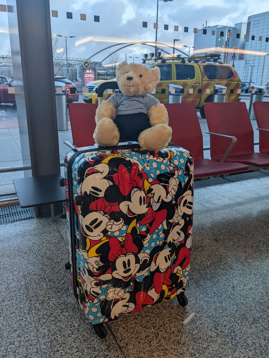Checking in at Heathrow. Carleton bear has got all his documents. #TeamCarleton#arewenearlythereyet