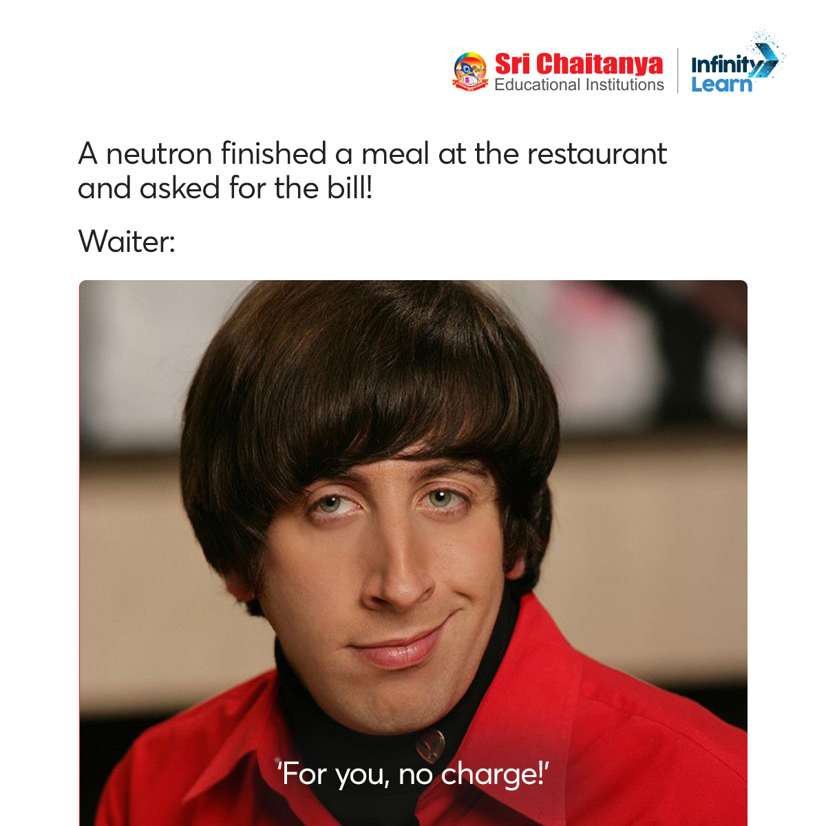 Sri_Chaitanya_'s tweet photo. Did we ‘charge’ you with a positive charge with this joke? Tag your friends and let them also have some fun with these witty memes.
#SriChaitanyaEducationalInstitutions #SCMemes #bigbangtheory #bbt #bbtmemes #sciencememesofficial #sciencememes #funny #funnymemes #sciencehumor https://t.co/Ji5xEnZ1My