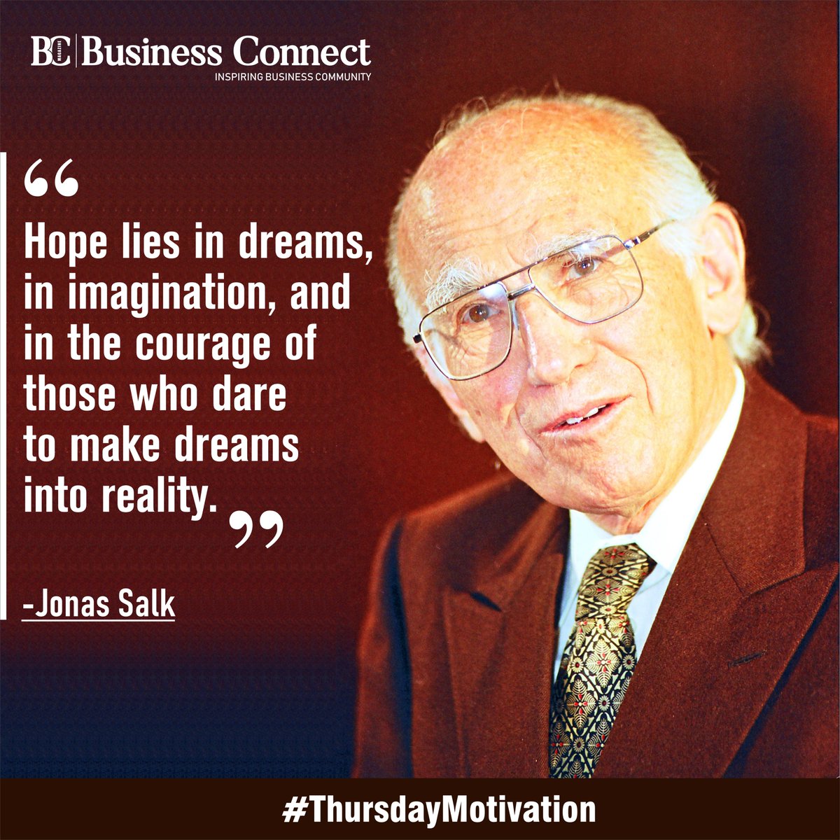 BusinessConne16's tweet photo. "Hope lies in dreams, in imagination, and in the courage of those who dare to make dreams into reality." -Jonas Salk
#JonasSalk #JonasSalkquotes #motivationalquotes #Americanvirologist #medicalresearcher #motivation #quotes #inspiration #inspirationalquotes #thursdaymotivation https://t.co/qzaczZyZ9X