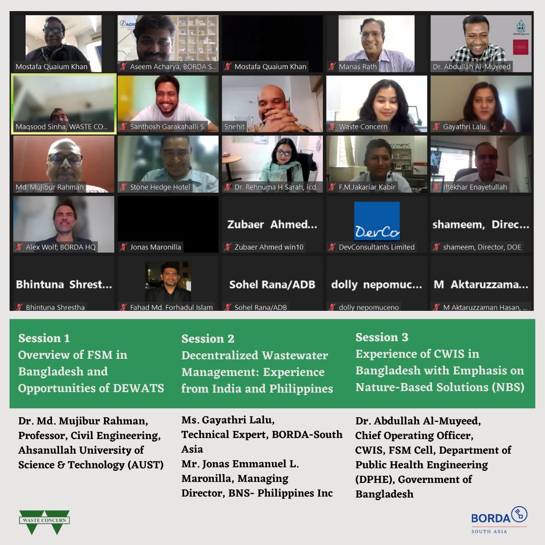 concern_waste's tweet photo. Waste Concern, with its partner BORDA South Asia, organized an online consultative workshop on ‘Decentralized Solutions for Wastewater Management in Small &amp; Medium Towns in Bangladesh’, on 30th March 2022 attended by 46 participants.
#wastewater #DEWATS #Borda #BordaSouthAsia https://t.co/ZKDUp9cMgy