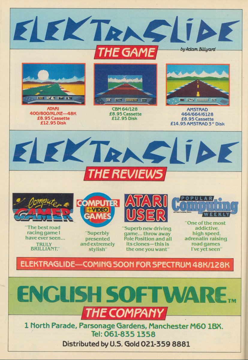 TakodanTweets's tweet image. 1986 advert for the game &apos;Elektraglide&apos; by #EnglishSoftware on #Atari400 #Atari800 #Commodore #C64 #Amstrad