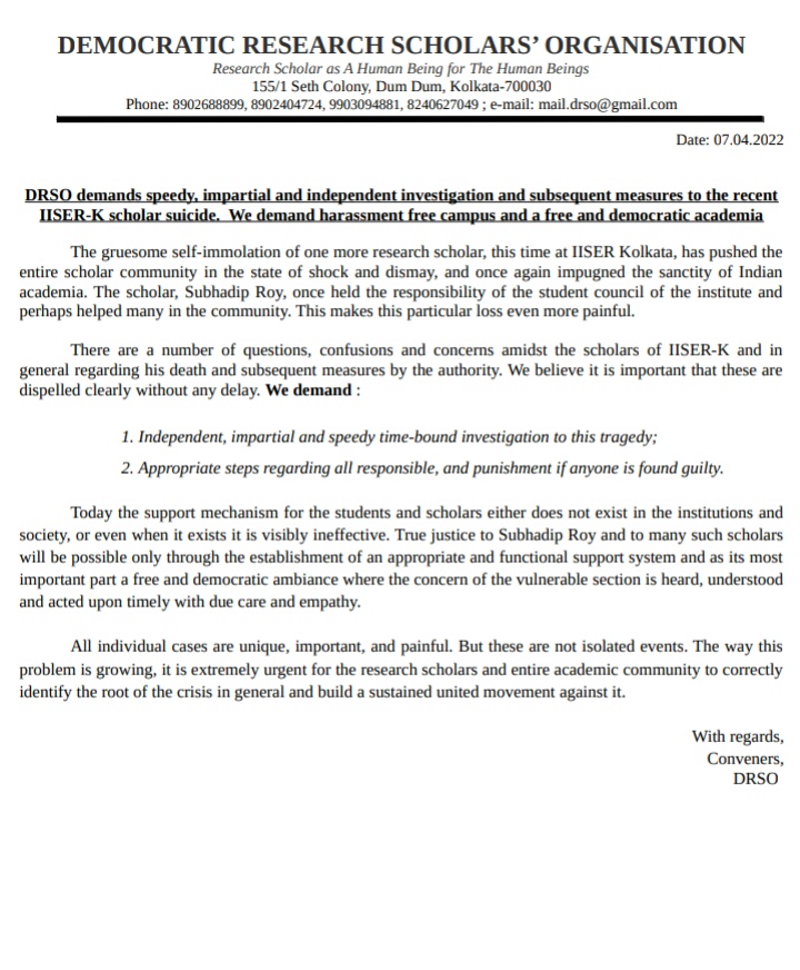 ScholarsDRSO's tweet photo. #DRSO on the gruesome self-immolation of #IISERK #scholar
Demand independent, impartial and speedy investigation; harassment free campus and a free and #democratic_environment.

DRSO calls to identify the root of the crisis properly and build our unity and movement against it. https://t.co/OkTcLwHgoq