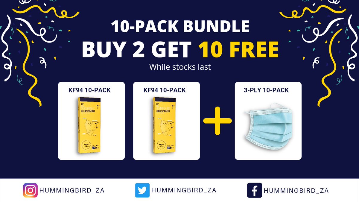 hummingbird_za's tweet photo. What's better than getting things for FREE?

Buy 2 econo-sized #KF94 10-pack Masks and get a 10 pack of #3PLYMasks ABSOLUTELY FREE!

Order now at: https://t.co/pqlj4VdLCW

#hummingbirdza #kf94mask #kf94masks #KF94MasksSouthAfrica #10packbundle #4plymask #masksale #lifeisprecious https://t.co/b21Nir0HCz
