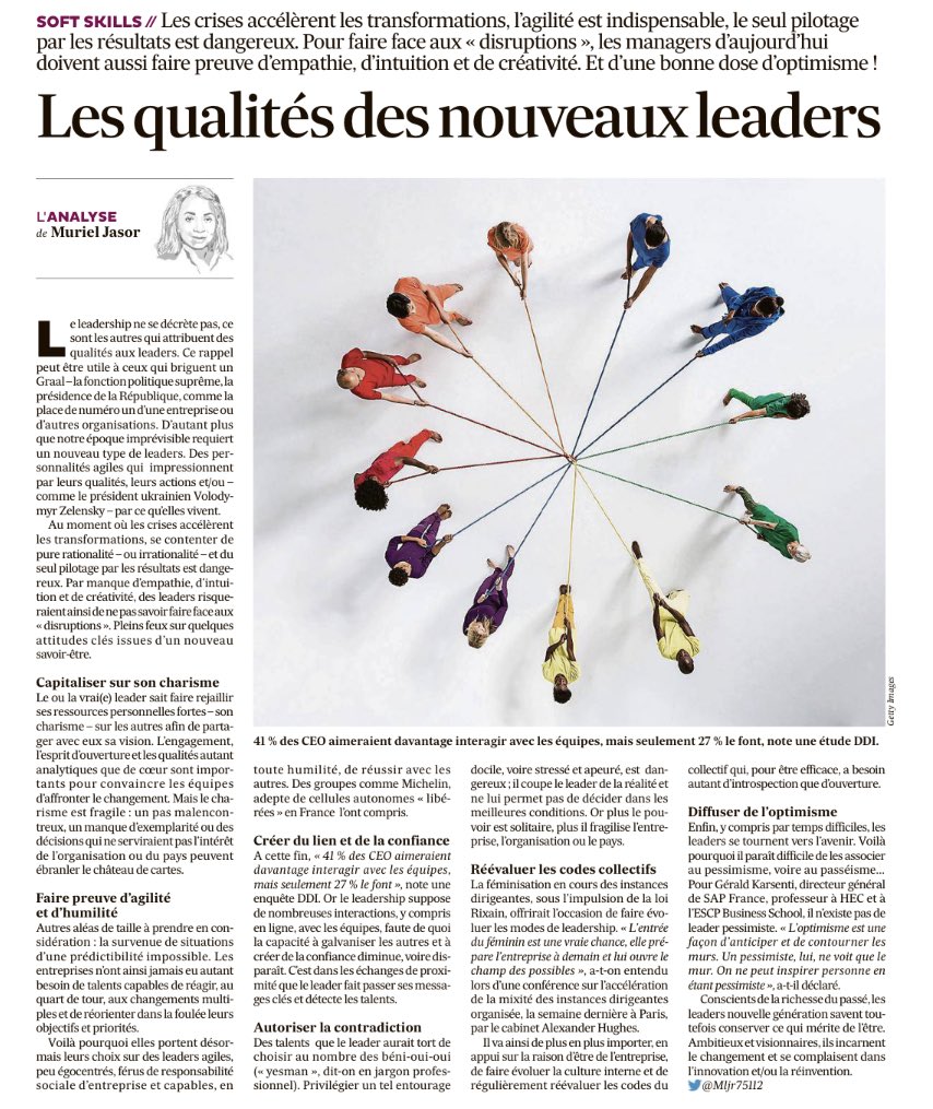 Intéressant! Les qualités des nouveaux #leaders par ⁦<a href="/Mljr75112/">Muriel Jasor</a>⁩ dans ⁦<a href="/LesEchos/">Les Echos</a>⁩ avec notamment le nouveau leader qui introduit davantage de codes collectifs, grâce à une plus grande mixité dans le management #mixité ⁦<a href="/GeraldKarsenti/">Gérald Karsenti</a>⁩