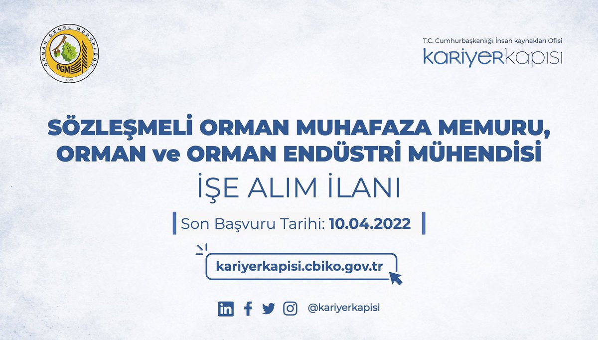 Orman Genel Müdürlüğü’nün 1.833 kişilik Orman Muhafaza Memuru, Orman Endüstri Mühendisi ve Orman Mühendisi ilanları yayında! <a href="/tccbiko/">T.C. Cumhurbaşkanlığı İnsan Kaynakları Ofisi</a> <a href="/TCTarim/">T.C. Tarım ve Orman Bakanlığı</a> <a href="/OGMgovtr/">Orman Genel Müdürlüğü</a>

👉🏼 Başvuru: kariyerkapisi.cbiko.gov.tr
🗓️ Son Başvuru Tarihi: 10 Nisan 2022