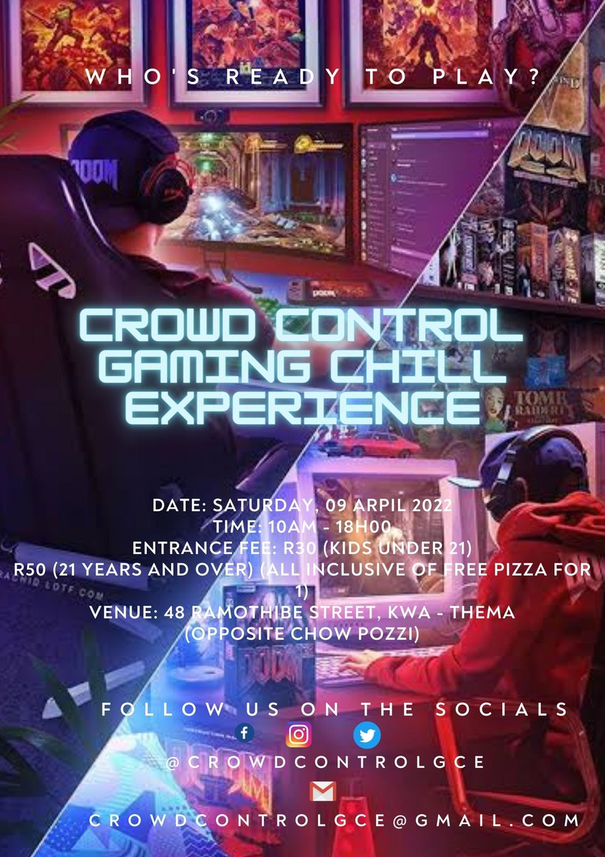 CrowdControlgce's tweet photo. It all goes down this Saturday as we invite games around KwaTsaDuza and the greater city of Ekurhuleni to come chill and play some video games over the mouthwatering taste of pizza courtesy @HouseMwari 

Who's READY to play? https://t.co/VMBYwmaGfB