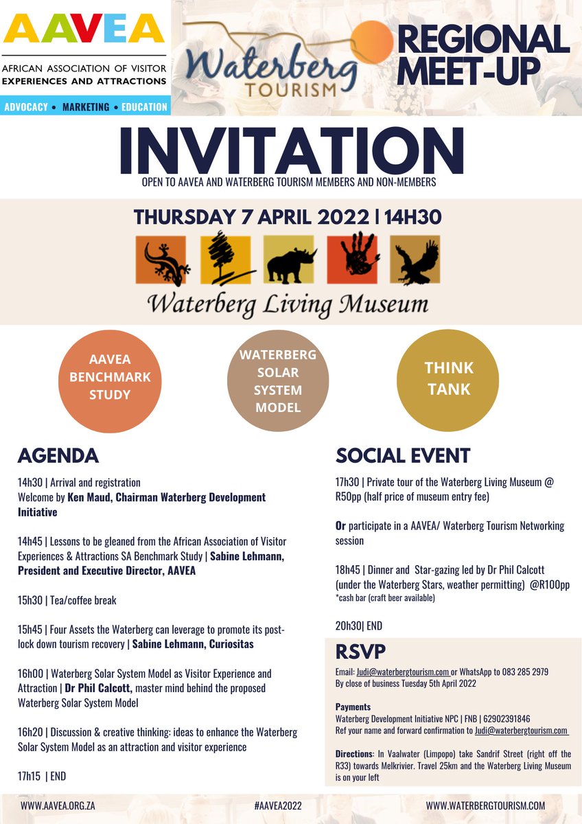 Attractions_Afr's tweet photo. Today is the day! Our #AAVEA2022 executive director Sabine Lehmann will present our South African Tourism sponsored first-ever SA's #attractionsindustry benchmark survey to #Limpopo attractions at the Waterberg Living Museum! Will we see you there? Retweet or comment below. https://t.co/tCyrPjt00j