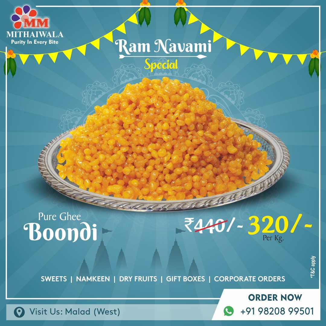 MMMithaiwala's tweet photo. Avail Ram Navami's special discount offer on Pure Ghee Boondi from MM Mithaiwala.

To order online:
Call or WhatsApp on 9820899501 
https://t.co/FvCsJW2Pey

#ramnavami #happyramnavami #pureghee #boondi #mmmithaiwala #sweetshop #malad #mumbai #sweets #snacks #namkeens #dryfruits https://t.co/lUkT5pZpqe
