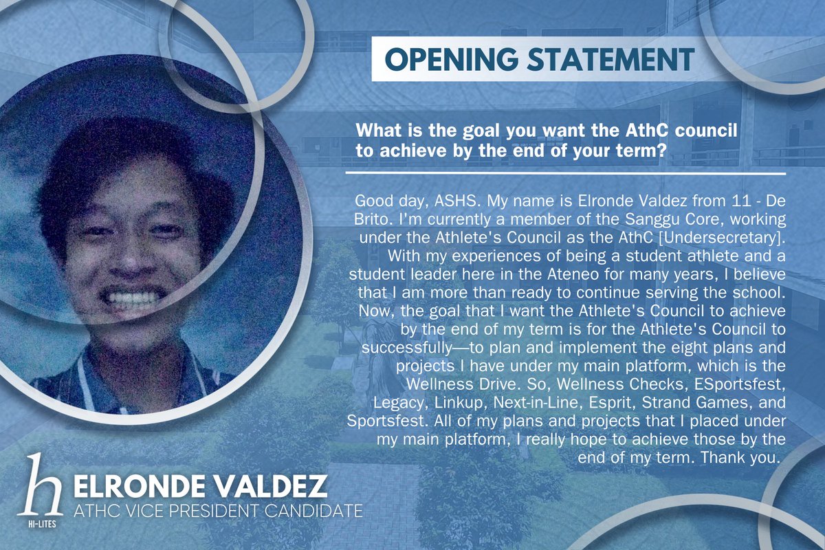 HiLitesASHS's tweet photo. Heads up, juniors!
ICYMI: Read the statements of the AthC Vice President Candidate during the Miting de Avance held yesterday, April 6, 2022. (1/6)
#ASecondLook🔍
Pubmat by Gian Angnged and Justin Delas Armas https://t.co/3wchKbOOib