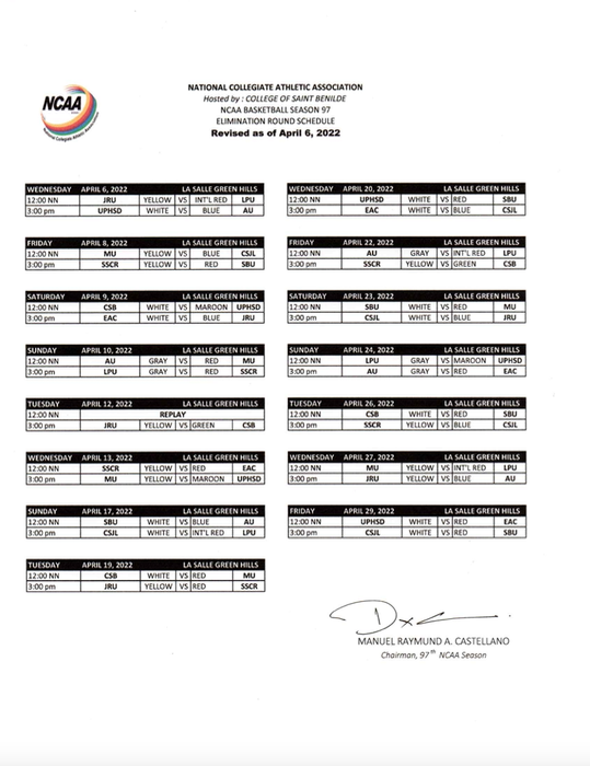 NCAAPhilippines's tweet photo. #NCAASeason97 updated schedule as of April 6, 2022.

Visit https://t.co/YEKMbpFKkE for other updates. https://t.co/4eLh8FJM11