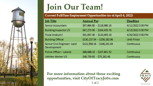 cityoftracy's tweet image. The #CityOfTracy, @tracypd, and @southcountyfa are hiring! 

Visit CityOfTracyJobs.com for more info and to apply.

Please RT!

#WorkInsideTheTriangle #ThinkInsideTheTriangle #TracyCA #CityOfTracy #JobOpportunities