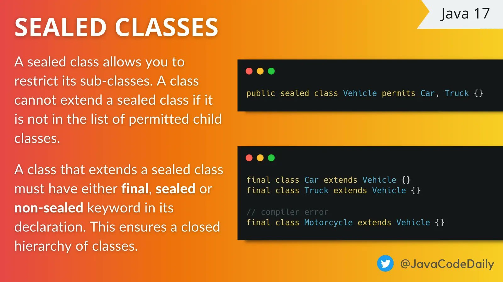 Java Code Daily on X: Sealed classes in Java 17, allow you to