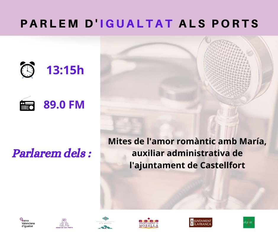 🙋‍♀️🌞 Bon dia, avui en el programa “Parlem d’Igualtat als Ports parlarem dels "Mites de l'amor romàntic.

ℹ️ Si no pots escoltar el programa d'avui, prompte el tindràs disponible en el següent enllaç:
🔗go.ivoox.com/sq/1255279
.
#IgualtatElsPorts
#ParlemdIgualtatalsPorts