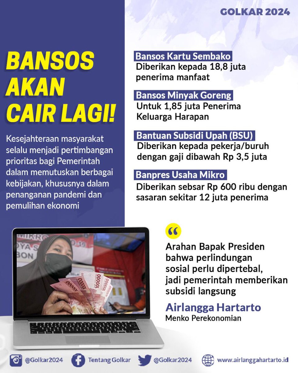 TentangGolkar's tweet photo. Menteri Koordinator Perekonomian Airlangga Hartarto menyampaikan perlindungan sosial untuk pemulihan ekonomi akan terus 'dipertebal'. Oleh karena itu, pemerintah saat ini menyiapkan berbagai bantuan sosial (bansos) yang digelontorkan.

@airlangga_hrt
@golkar_id

#Bansos #banpres https://t.co/SQqJH6ePUZ