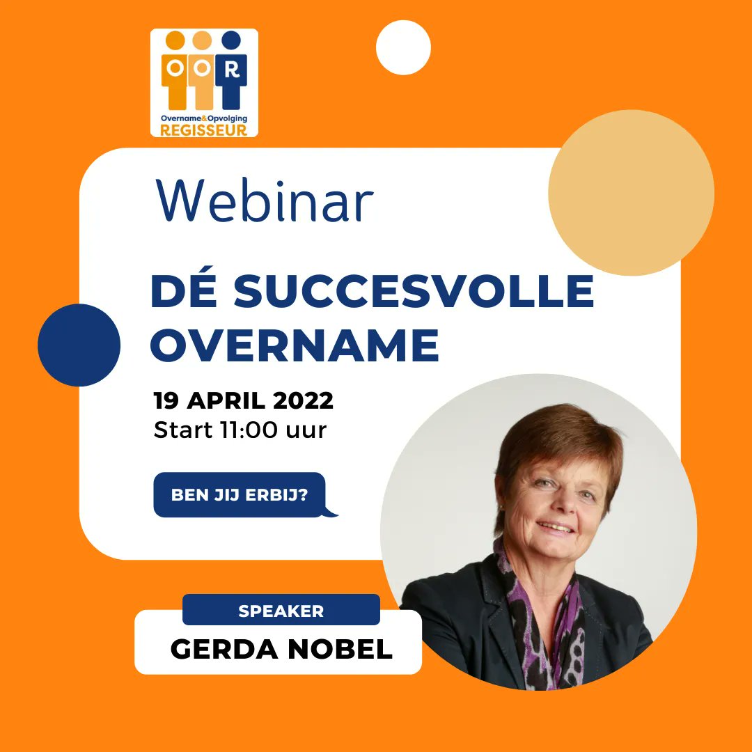 GerdaNobel's tweet photo. In het gratis webinar: Dé Succesvolle Overname krijg je inzicht wat er nodig is om een succesvolle overname te realiseren. Leer de 7 belangrijkste factoren (en de 7 grootste valkuilen). Dinsdag 19 april 2022 van 11.00 – 11.30 uur. Geef je nu op: https://t.co/wD8k5e2e6H https://t.co/6JXtXuhQMc
