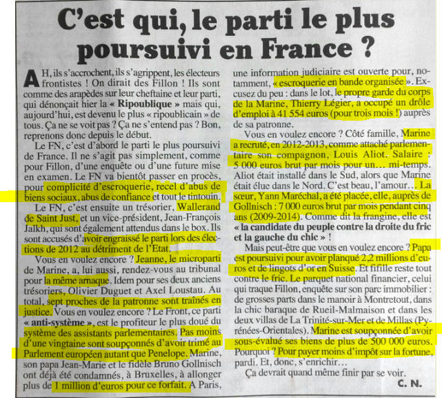 Le RN: le parti le plus poursuivi de France!
Escroquerie, recel d'abus de biens sociaux, abus de confiance, fraude, emplois fictifs...cet article du Canard n'a pas pris une ride.
Depuis, le RN a été condamné pour l'affaire des kits de campagne et repasse en jugement à l'automne!