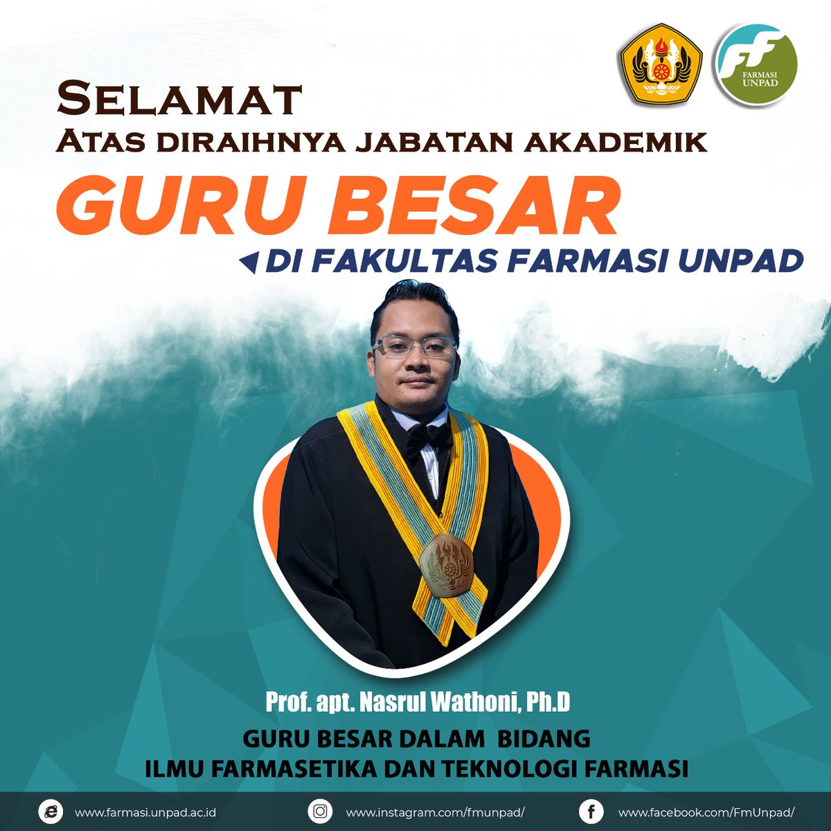 Selamat dan sukses kepada Prof. apt. Nasrul Wathoni, Ph.D. atas diraihnya jabatan Guru Besar Bidang Ilmu Farmasetika dan Teknologi Farmasi di Fakultas Farmasi Universitas Padjadjaran.

#FacultyofExcellence 
#FFUPBangga
#GuruBesarFFUP
#gurubesarunpad