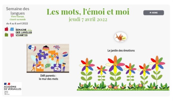 SurrozM's tweet photo. #SemaineLV_Versailles 
Les mots, l'émoi et moi!
#plurilinguisme #émotions #interlangue 
Une invitation à l'expression et à la créativité! 🌼🌸💮
https://t.co/HgoetmEKIj
@R_DellAcqua @SabrinaCPDLVE @LV_Versailles @ienadasen92 https://t.co/q2iy4plQKj