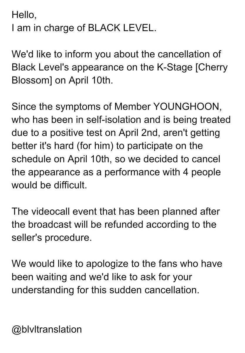 📢 NOTICE

Cancellation of BLACK LEVEL's appearance on the K-STAGE [Cherry Blossom] on April 10th 

#BLACK_LEVEL #블랙레벨