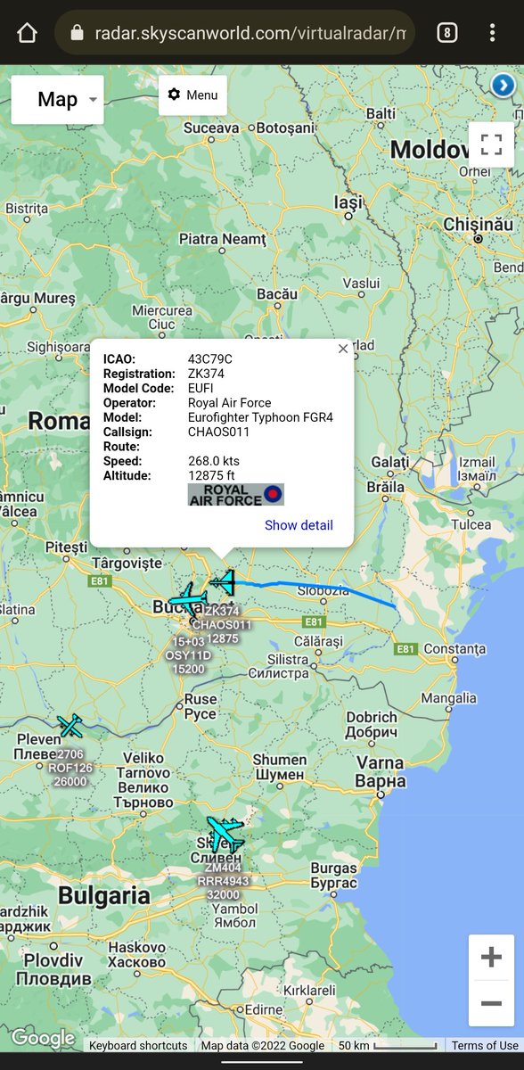 scan_sky's tweet photo. #RAF - Eurofighter Typhoon FGR4 - #ZK374 - #CHAOS011

Airborne From Mihail Kogălniceanu International Airport 🇷🇴 &amp; Currently Routing Towards Bucharest.

The #RAF Has 4 Typhoons Deployed To MK To Conduct NATO Air Policing Missions. https://t.co/b1ICJi4Thg