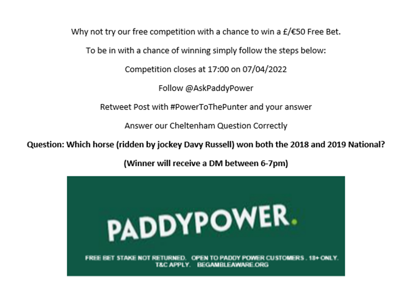 AskPaddyPower's tweet photo. It's that time already folks, you guys loved it so much during Cheltenham, we're bringing back our free bet competitions this week, Paddy's giving the #PowerToThePunter !

Fancy being in with a chance to win a £/€50 free bet today? Then get involved, all the details are below! https://t.co/rSuX2rdkWs