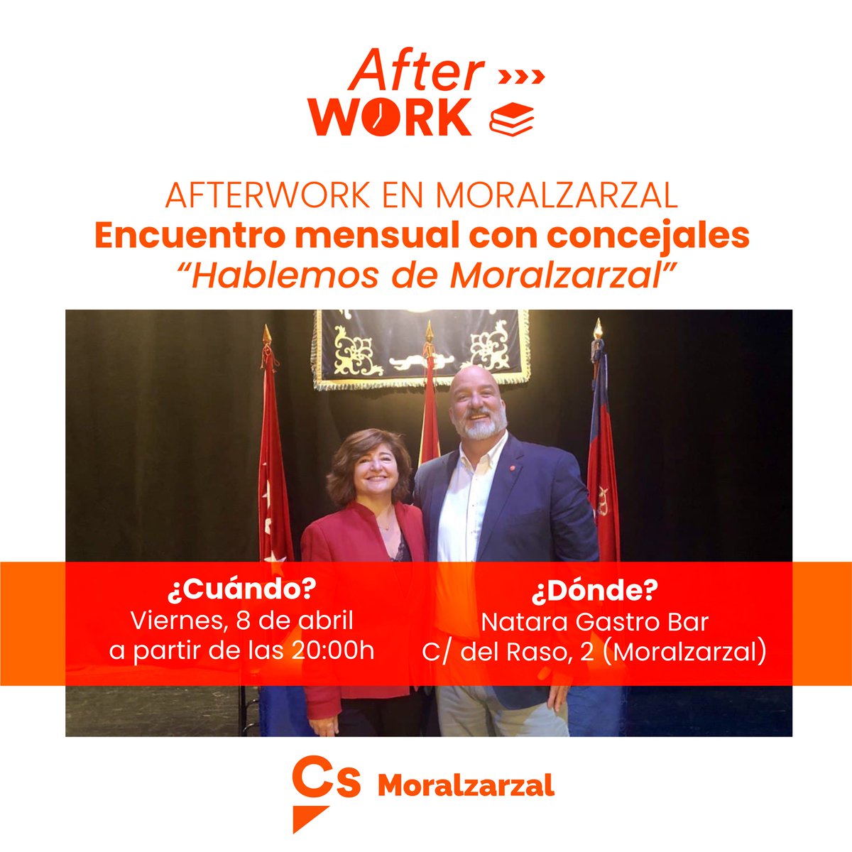 CsMoralzarzal's tweet photo. ¡Buenos días y #FelizJueves!
Esta tarde, a partir de las 18:30 hrs hay #PlenoMoralzarzal ordinario mes de abril.
Mañana viernes, a partir de las 20:00 hrs, ¡ven! a nuestro #AfterworkCs 🍊 y habla con nuestros concejales @jacoboMartinCs @VickyOrtizCs de los temas que te interesen. https://t.co/EBFH7hvUcE